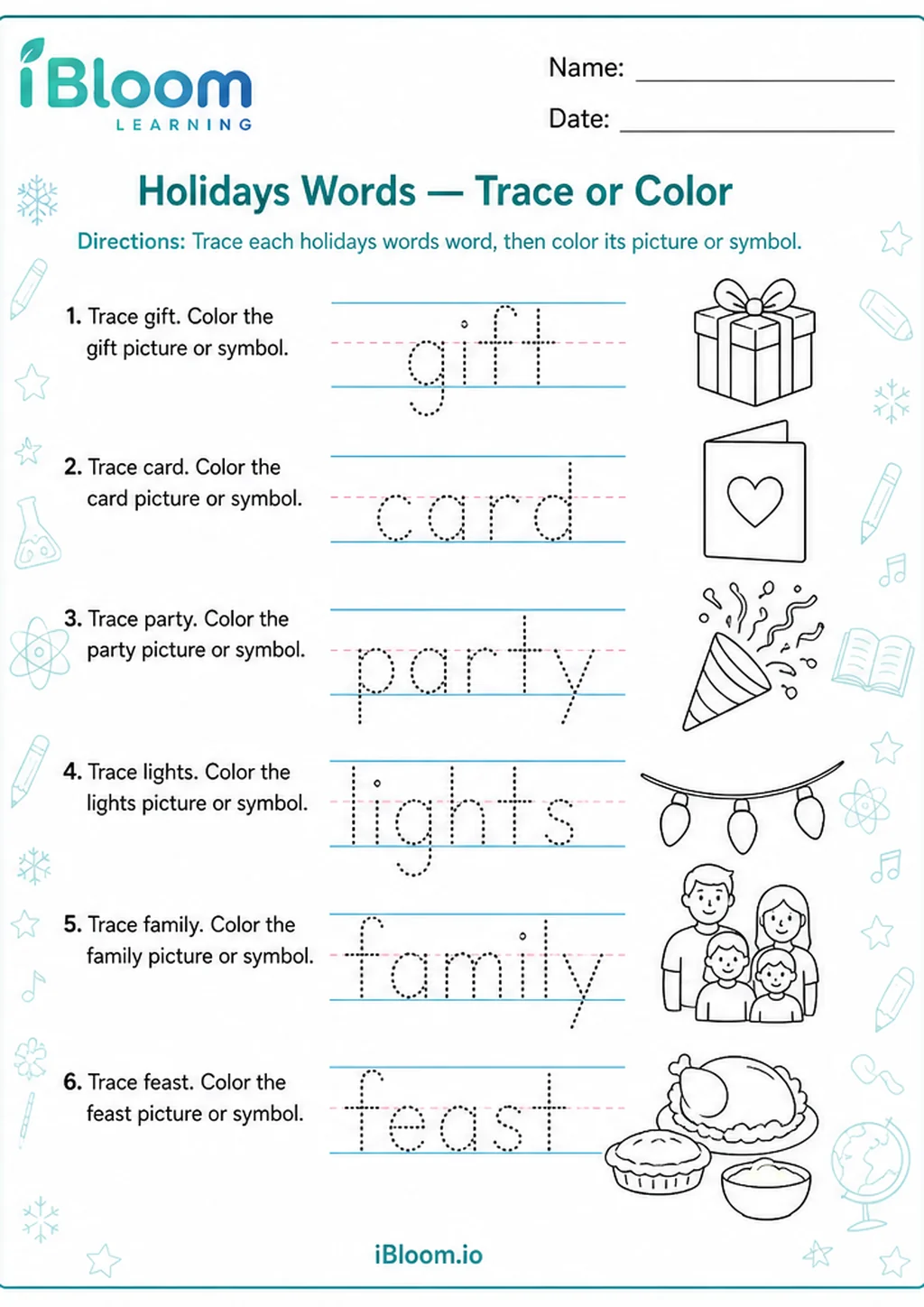 Preview page 1 of Holidays Words — Trace or Color