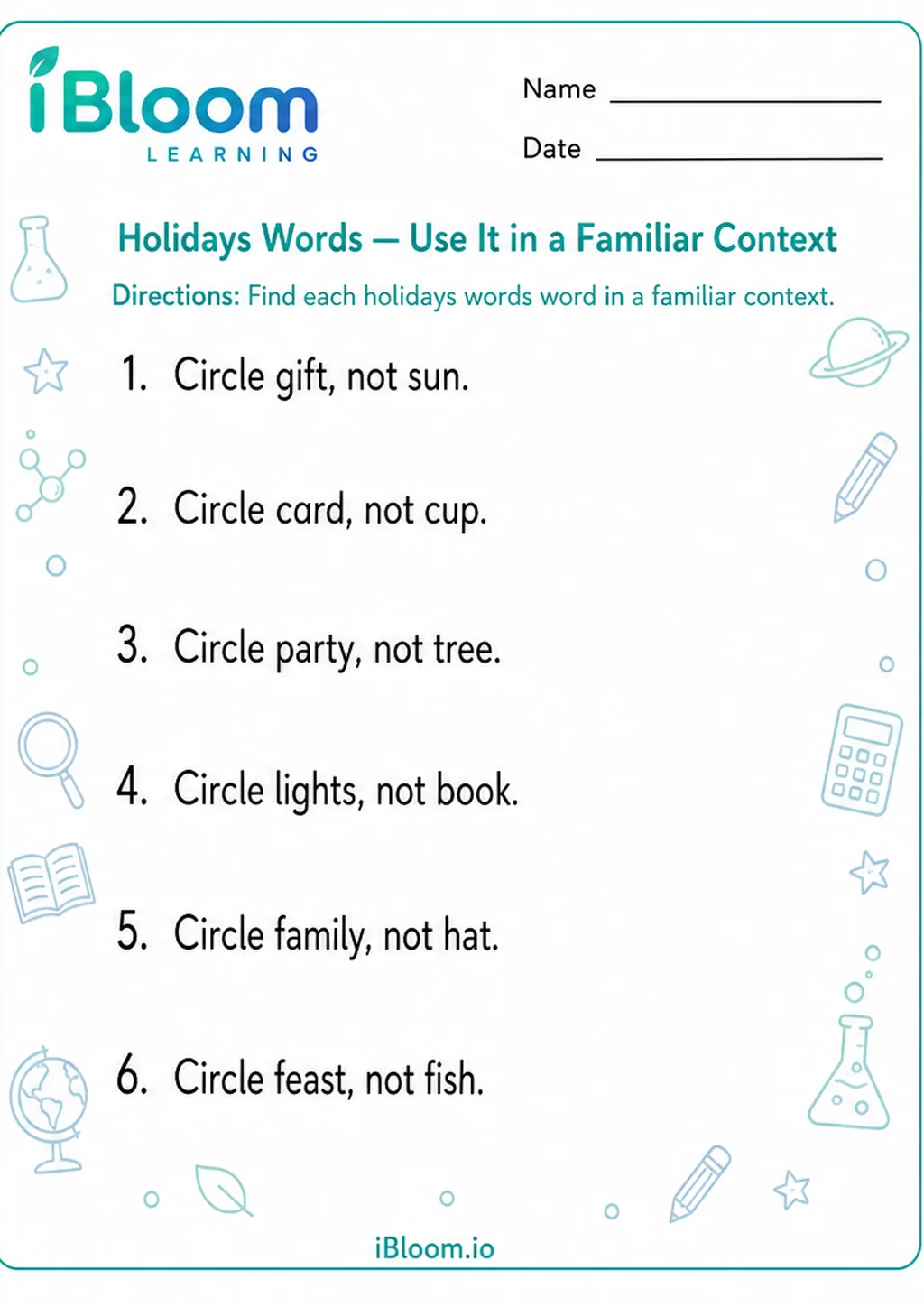 Preview of Holidays Words — Use It in a Familiar Context worksheet