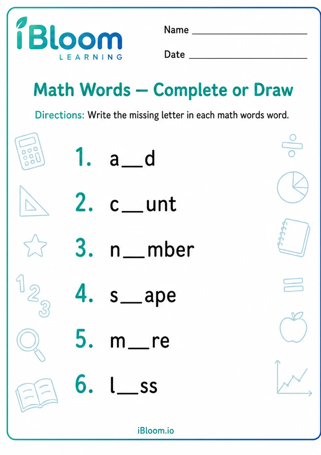 Preview page 1 of Math Words — Complete or Draw