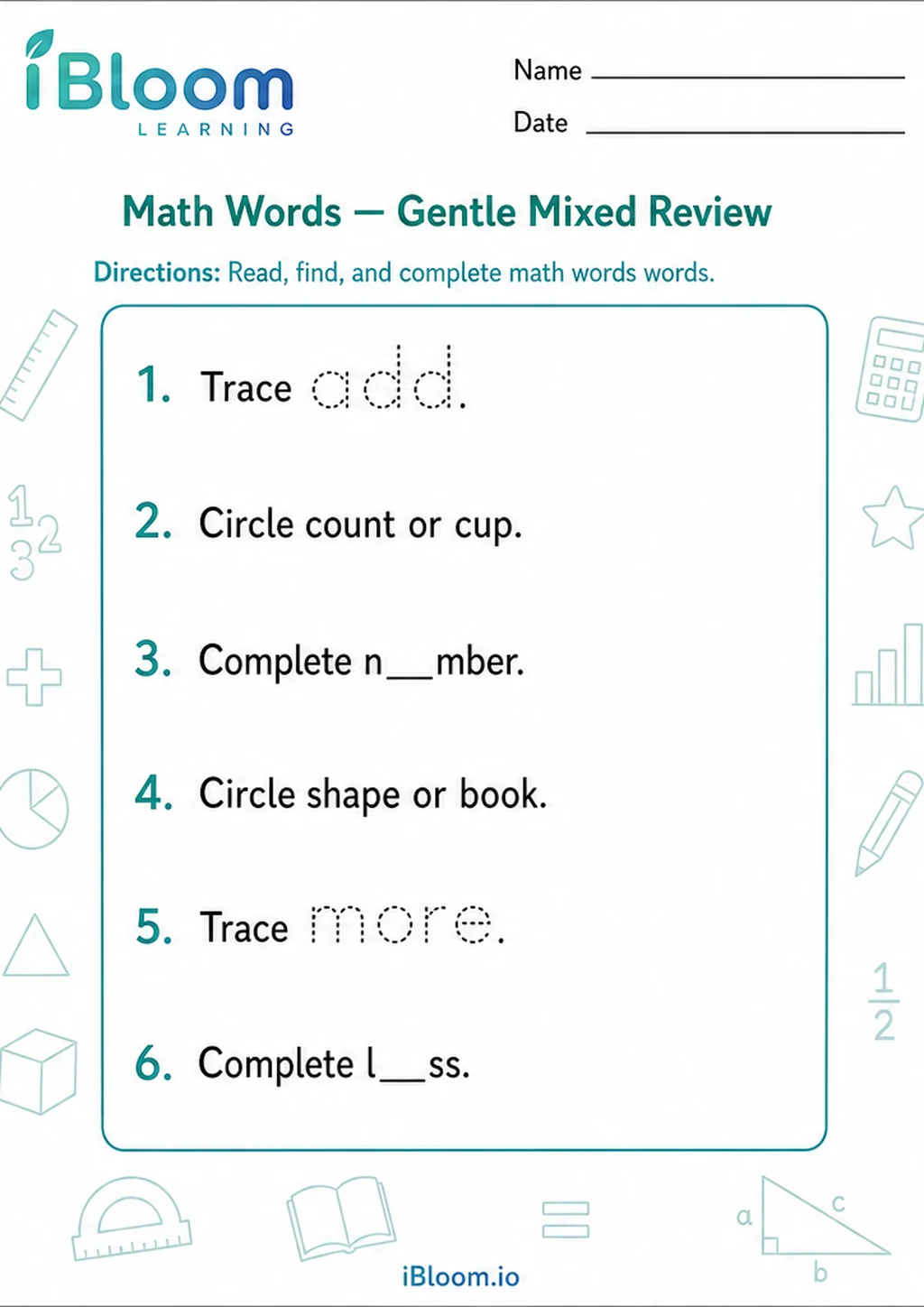 Preview page 1 of Math Words — Gentle Mixed Review