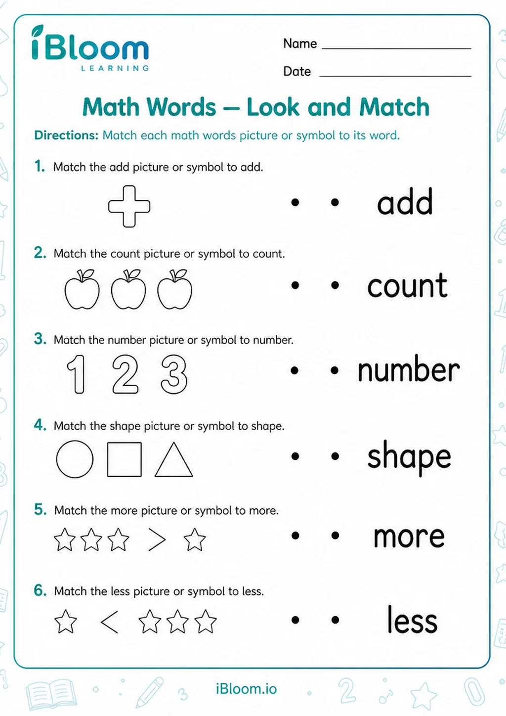 Preview page 1 of Math Words — Look and Match