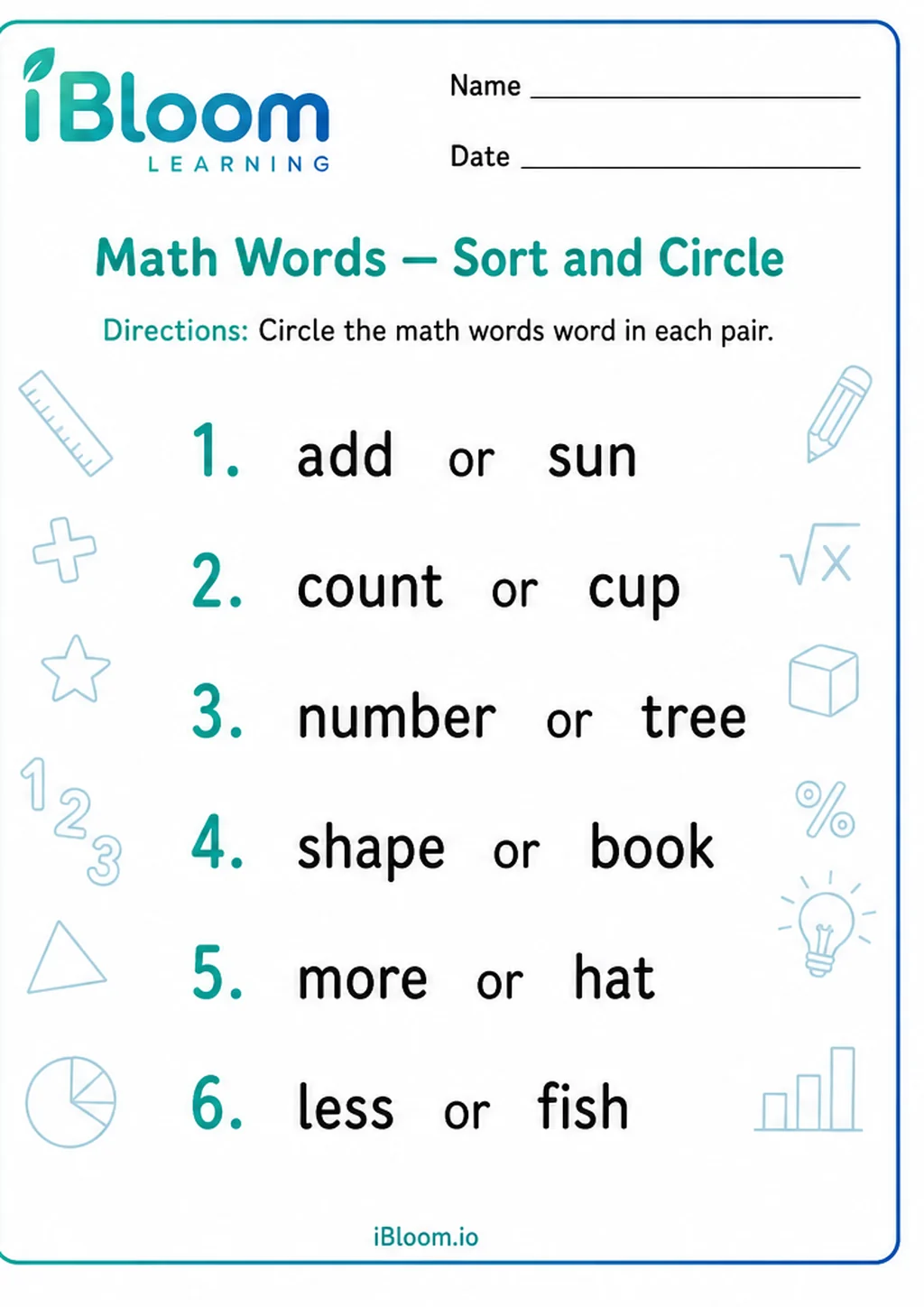 Preview page 1 of Math Words — Sort and Circle
