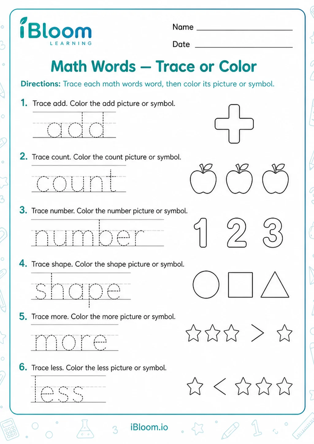 Preview page 1 of Math Words — Trace or Color