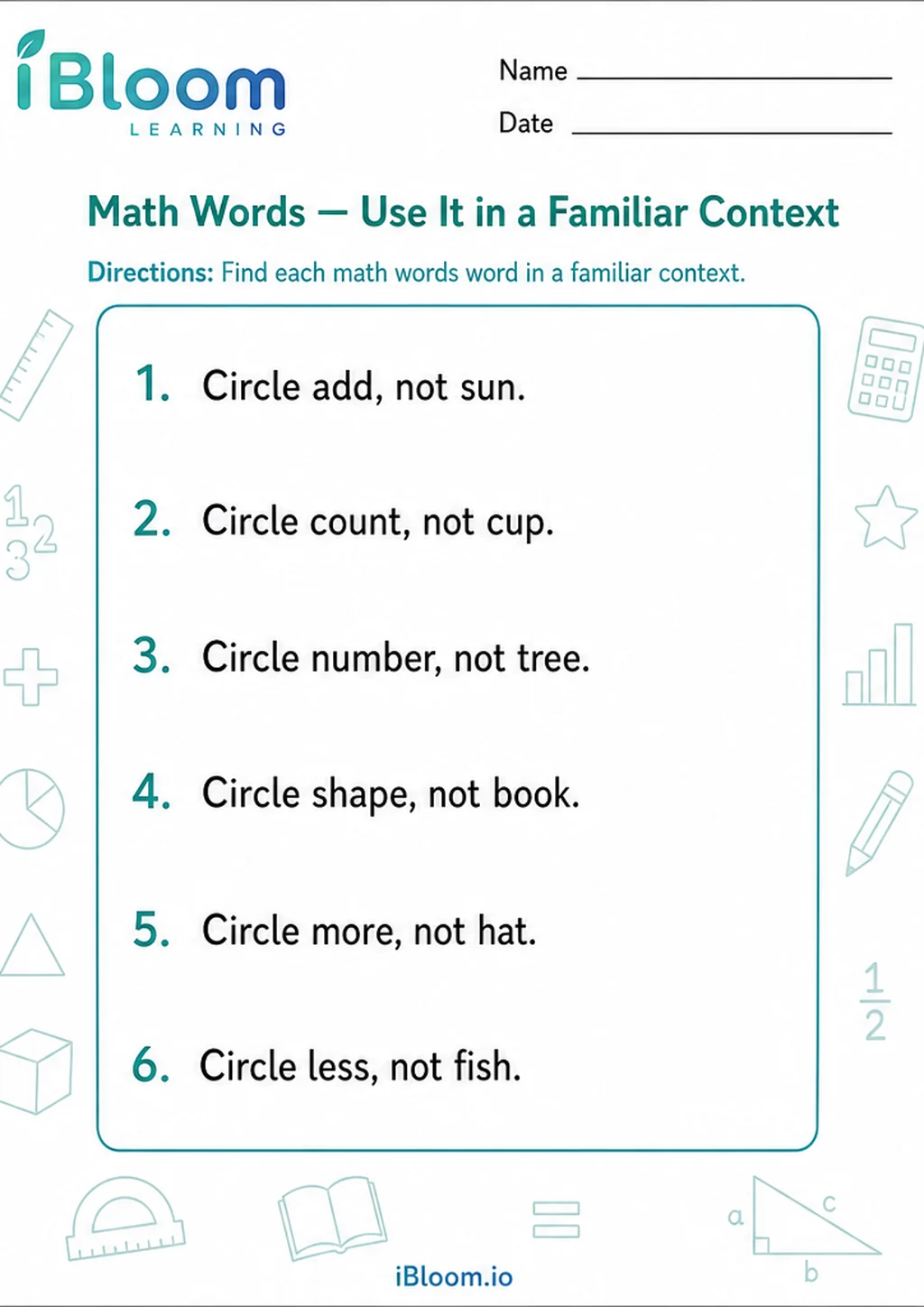 Preview page 1 of Math Words — Use It in a Familiar Context