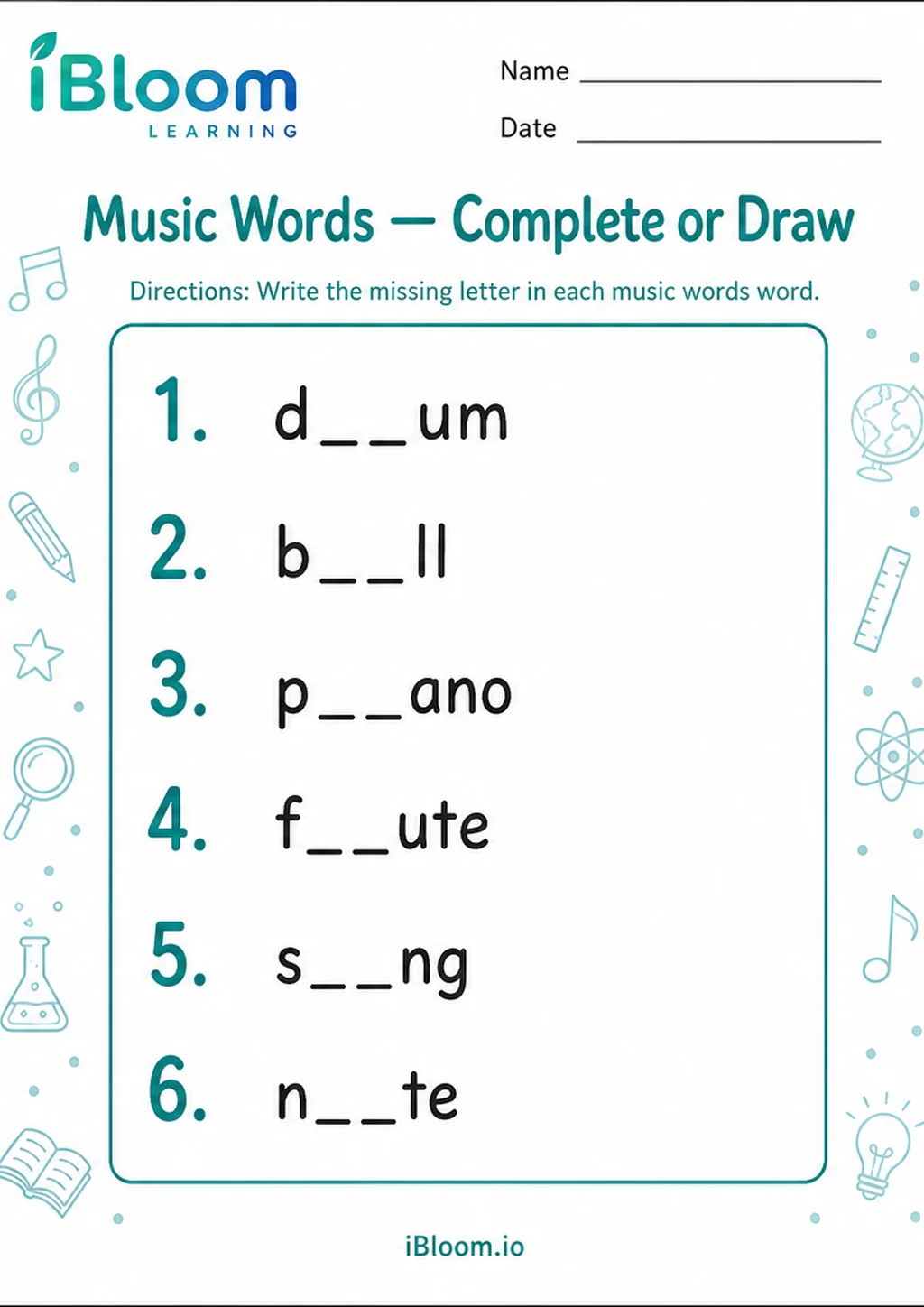 Preview of Music Words — Complete or Draw worksheet