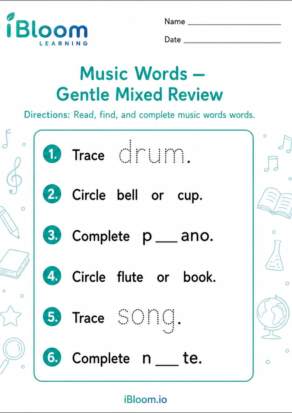 Preview of Music Words — Gentle Mixed Review worksheet