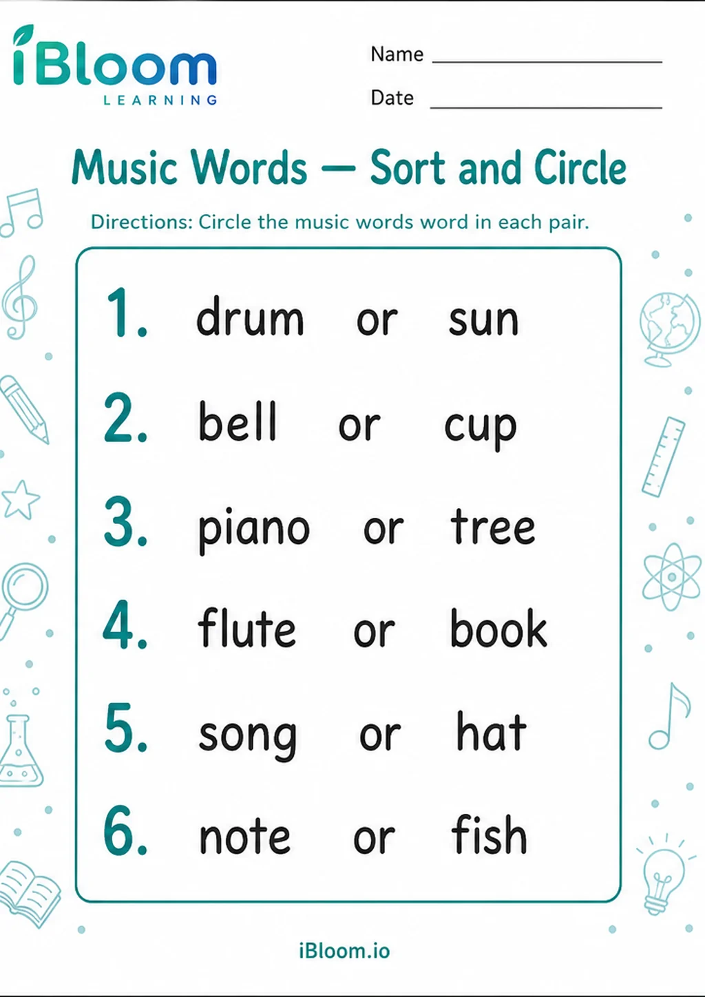 Preview page 1 of Music Words — Sort and Circle