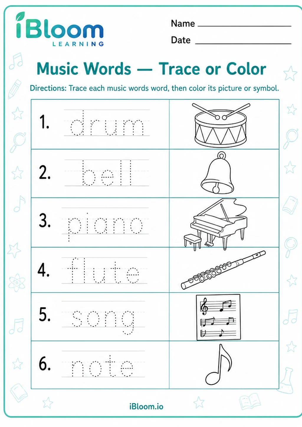 Preview of Music Words — Trace or Color worksheet