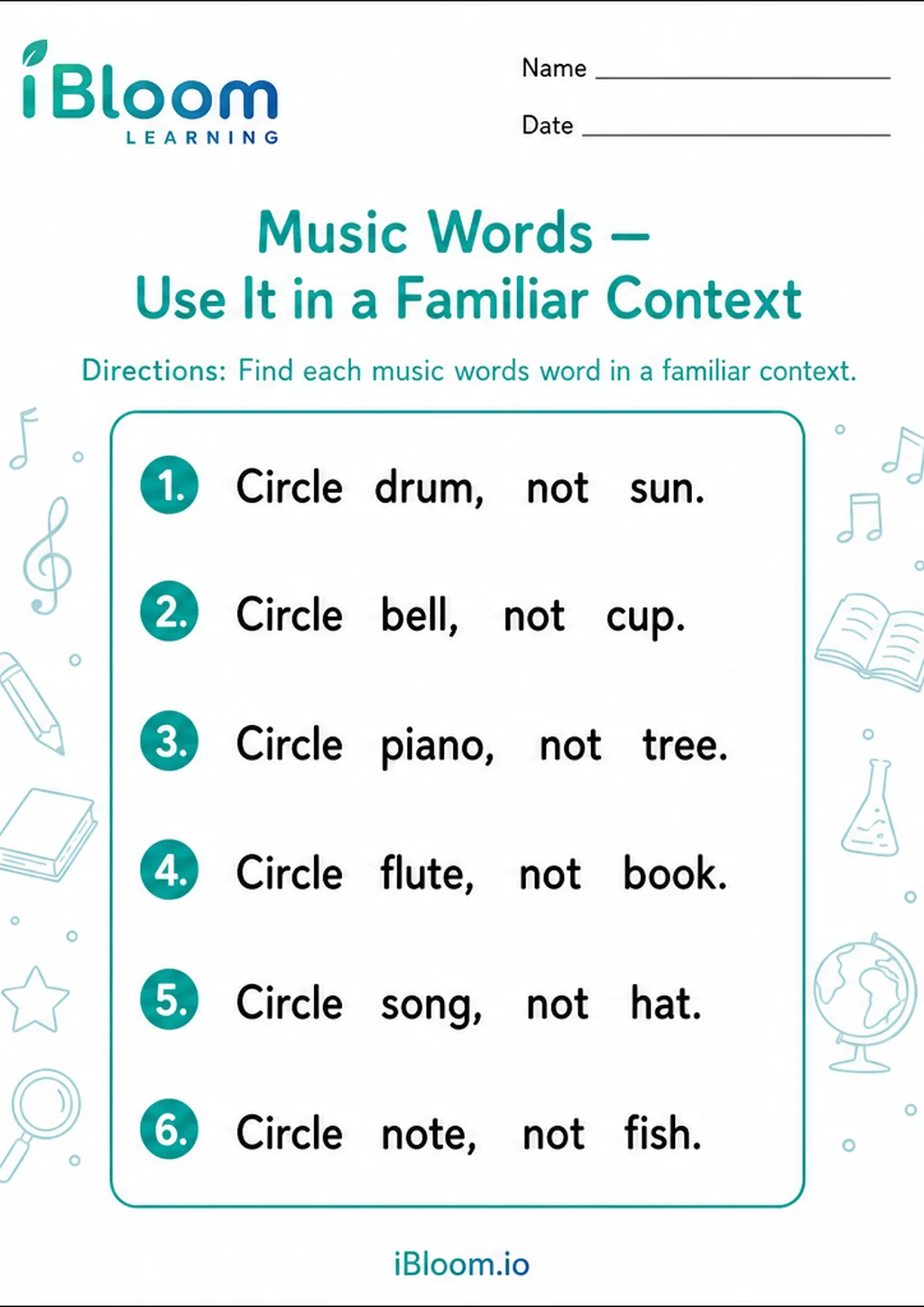 Preview page 1 of Music Words — Use It in a Familiar Context