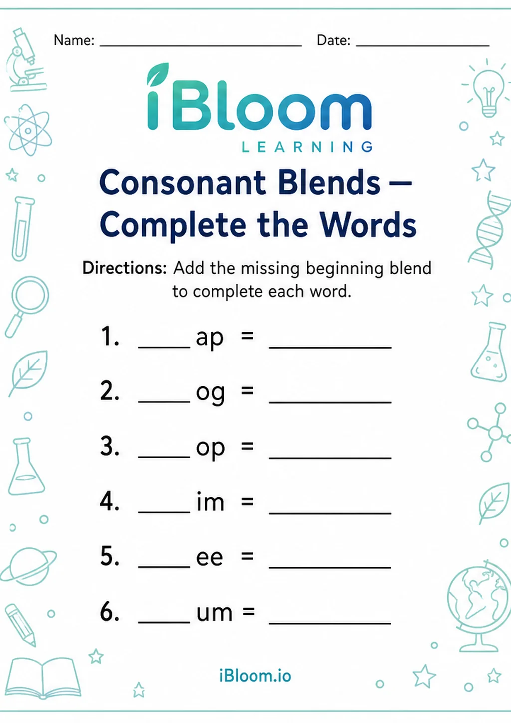Preview of Consonant Blends — Complete the Words worksheet