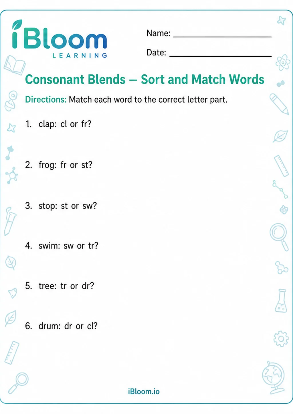 Preview of Consonant Blends — Sort and Match Words worksheet