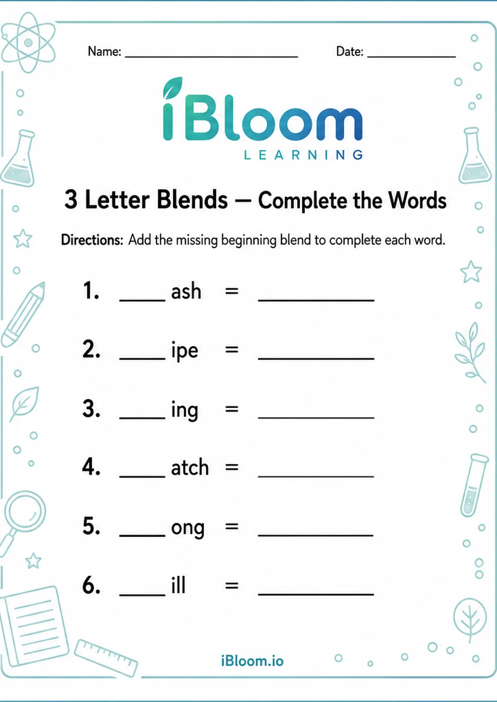 Preview of 3 Letter Blends — Complete the Words worksheet