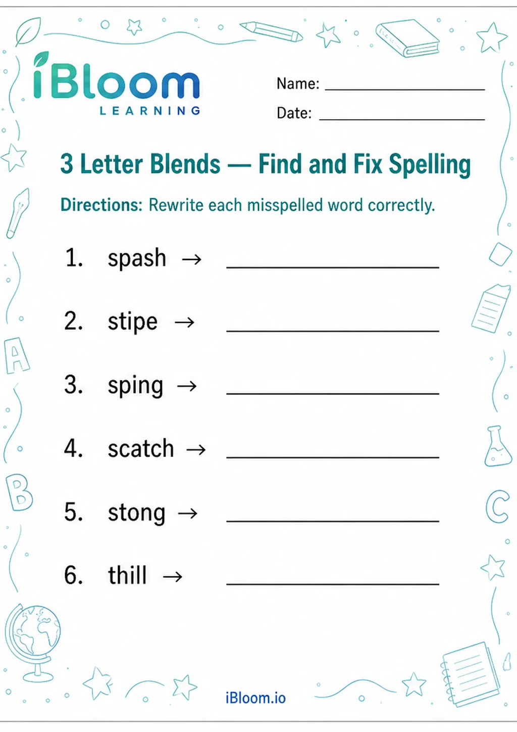 Preview of 3 Letter Blends — Find and Fix Spelling worksheet