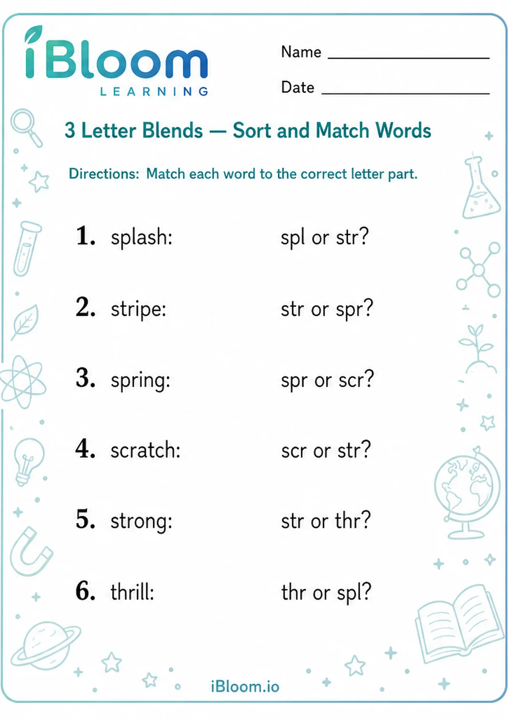 Preview of 3 Letter Blends — Sort and Match Words worksheet