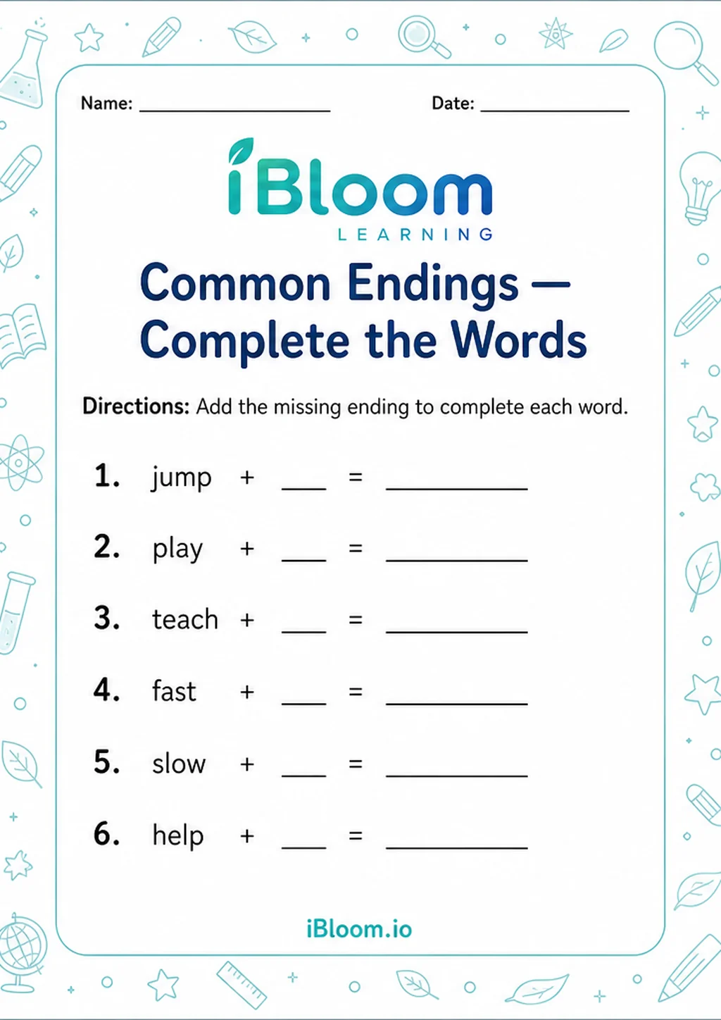 Preview of Common Endings — Complete the Words worksheet