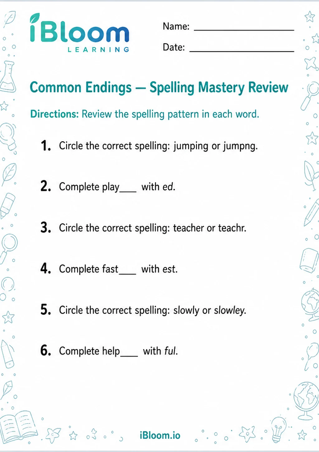 Preview of Common Endings — Spelling Mastery Review worksheet