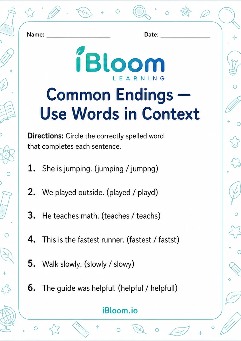 Preview of Common Endings — Use Words in Context worksheet