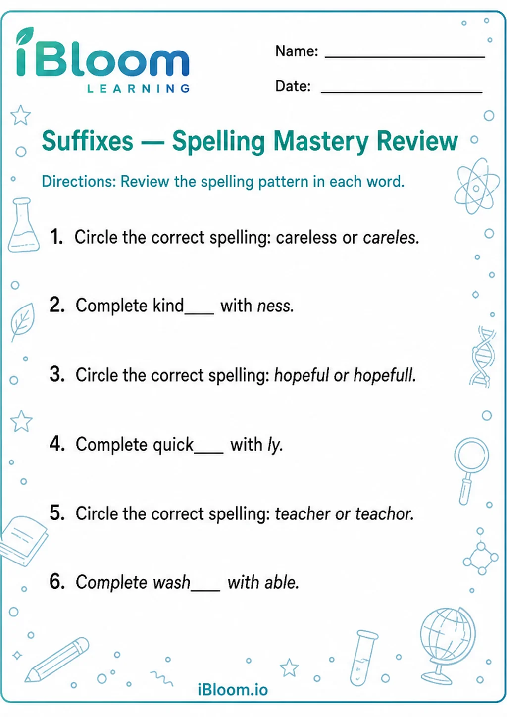 Preview of Suffixes — Spelling Mastery Review worksheet
