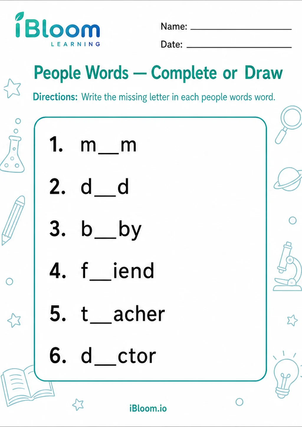 Preview page 1 of People Words — Complete or Draw