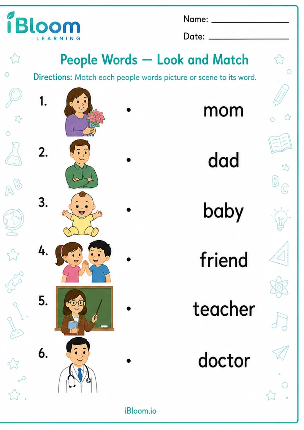 People Words — Look and Match printable Preschool worksheet preview