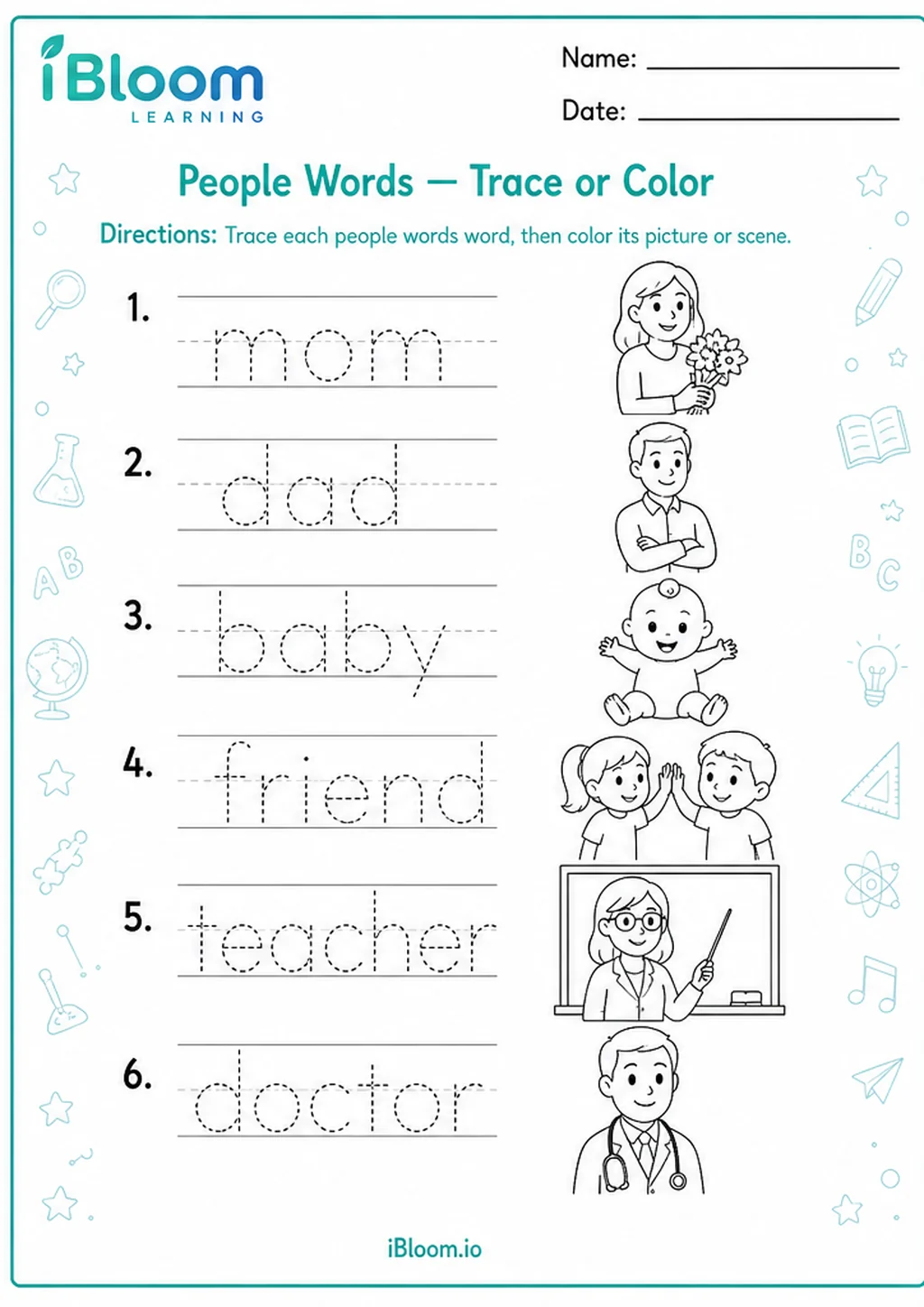 Preview page 1 of People Words — Trace or Color