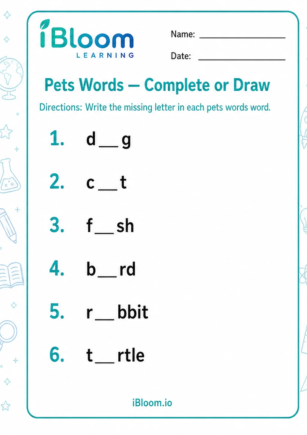 Preview of Pets Words — Complete or Draw worksheet