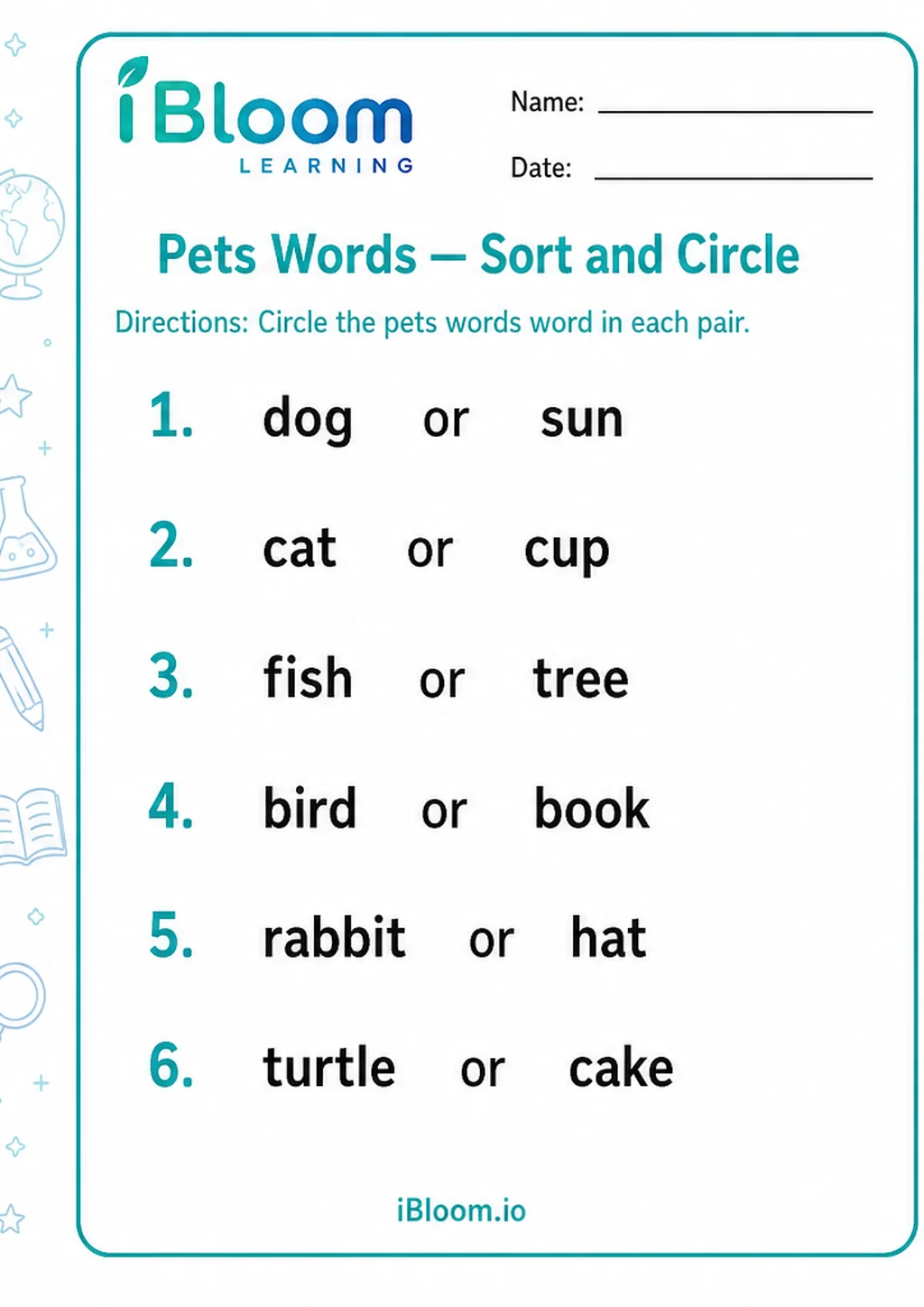 Preview page 1 of Pets Words — Sort and Circle