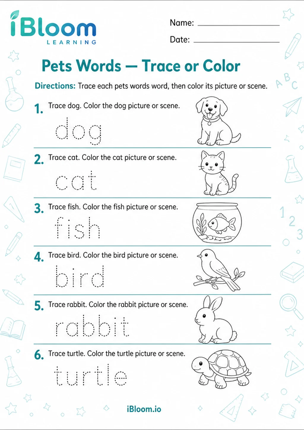 Preview page 1 of Pets Words — Trace or Color