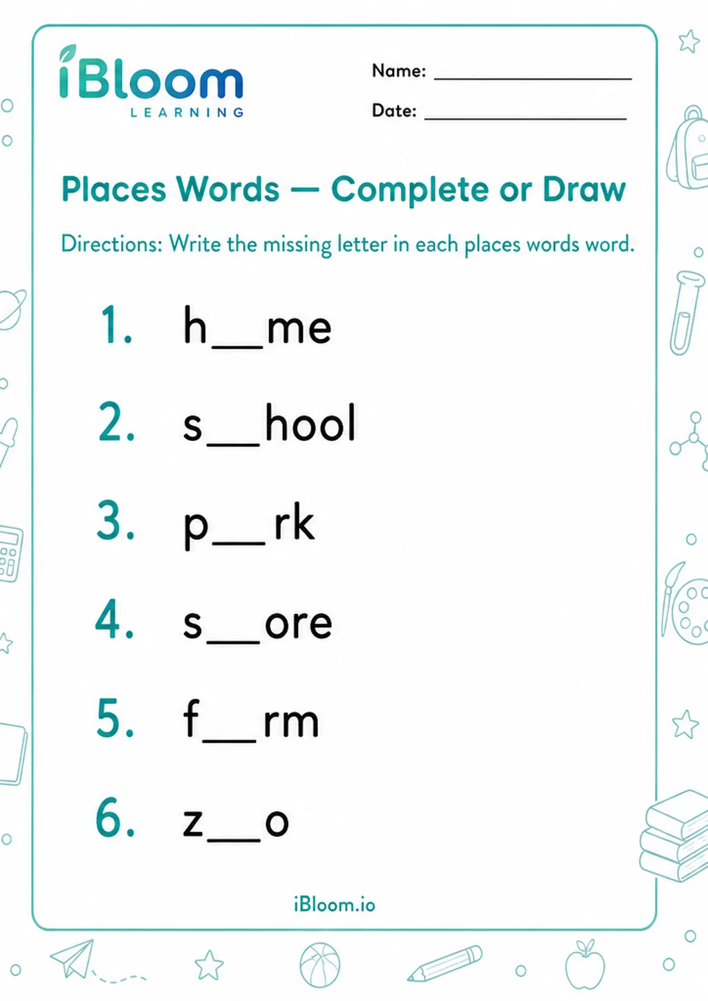 Preview page 1 of Places Words — Complete or Draw