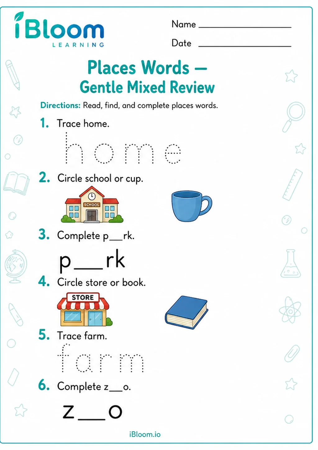 Preview page 1 of Places Words — Gentle Mixed Review