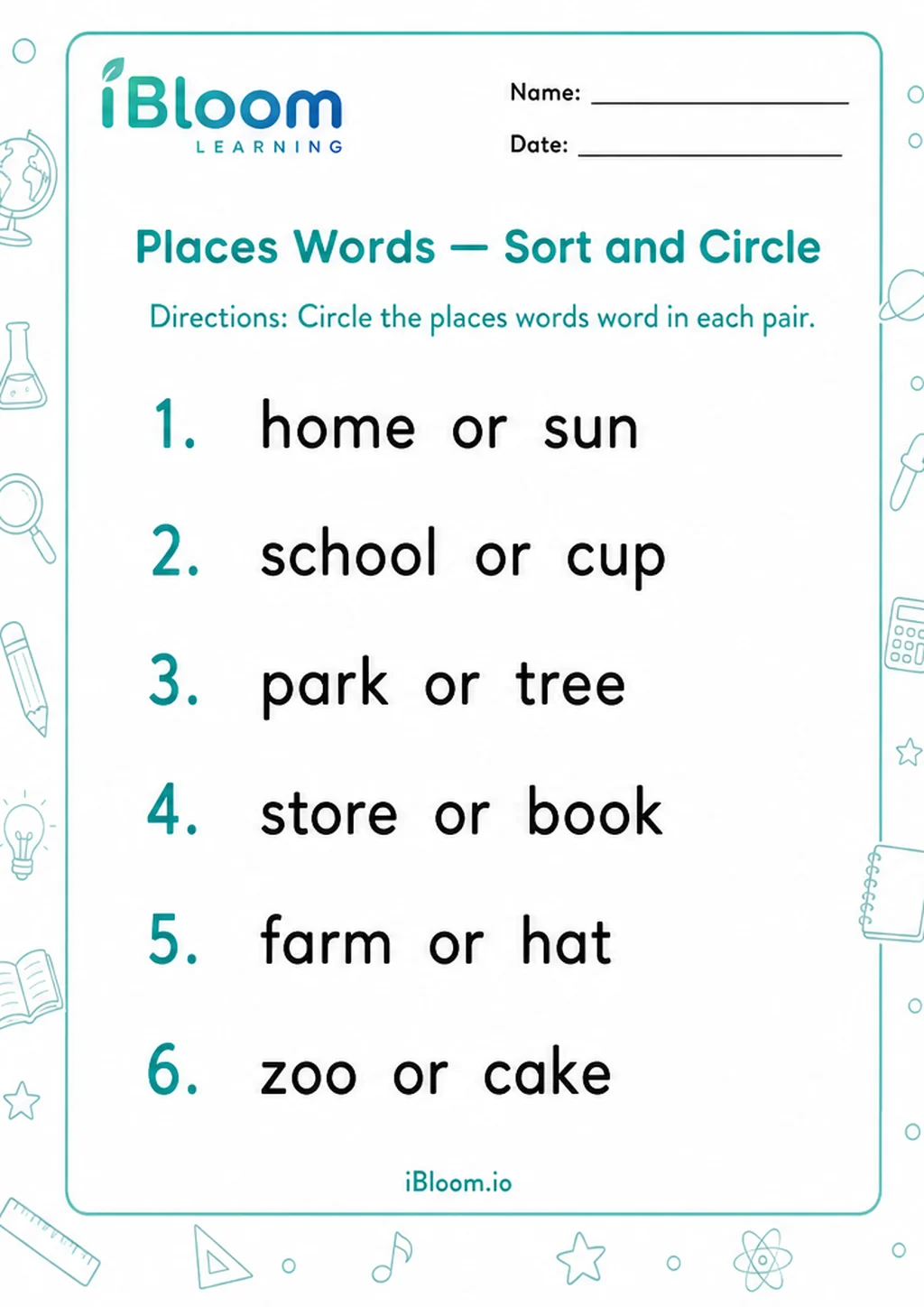 Preview of Places Words — Sort and Circle worksheet