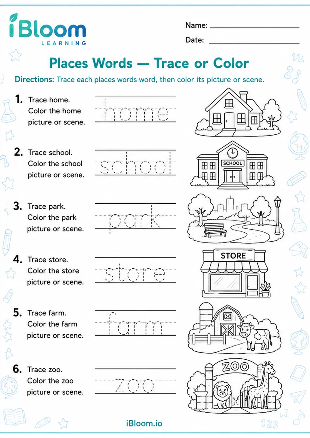 Preview page 1 of Places Words — Trace or Color