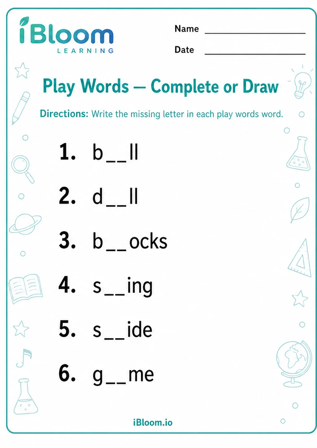 Preview page 1 of Play Words — Complete or Draw