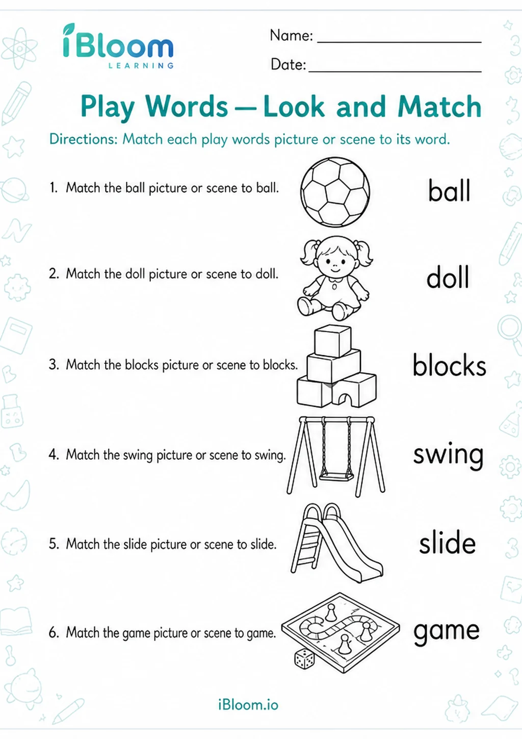 Play Words — Look and Match printable Preschool worksheet preview