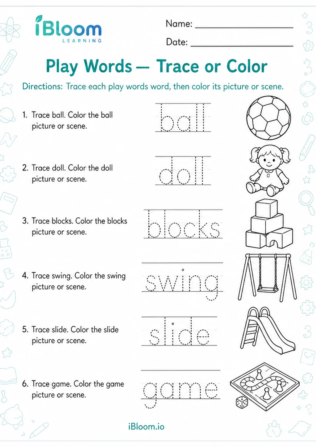 Preview page 1 of Play Words — Trace or Color
