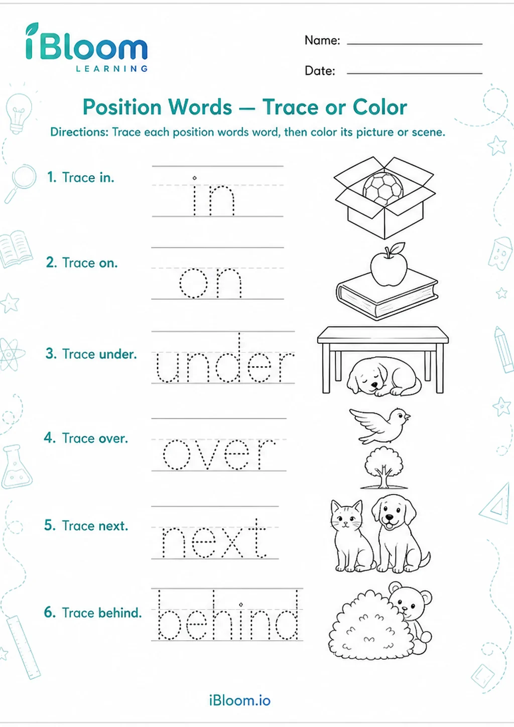 Preview page 1 of Position Words — Trace or Color