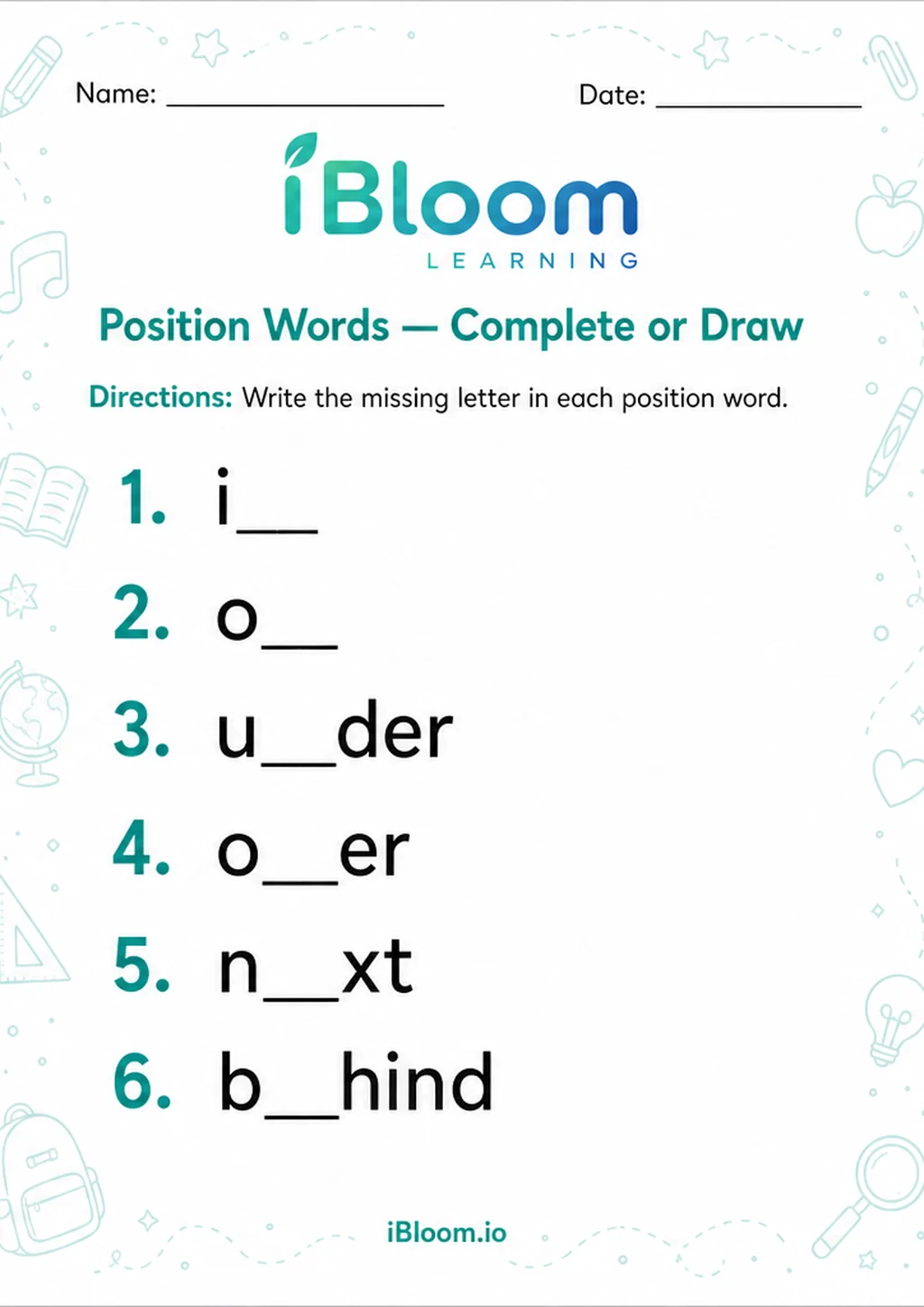 Preview of Position Words — Complete or Draw worksheet