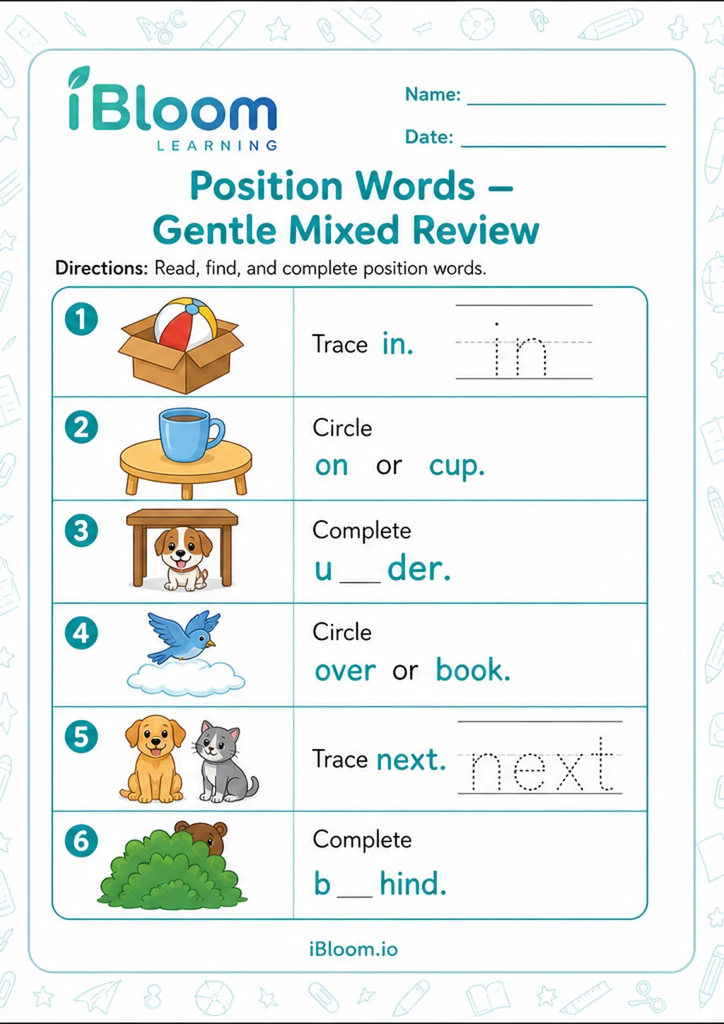 Preview of Position Words — Gentle Mixed Review worksheet