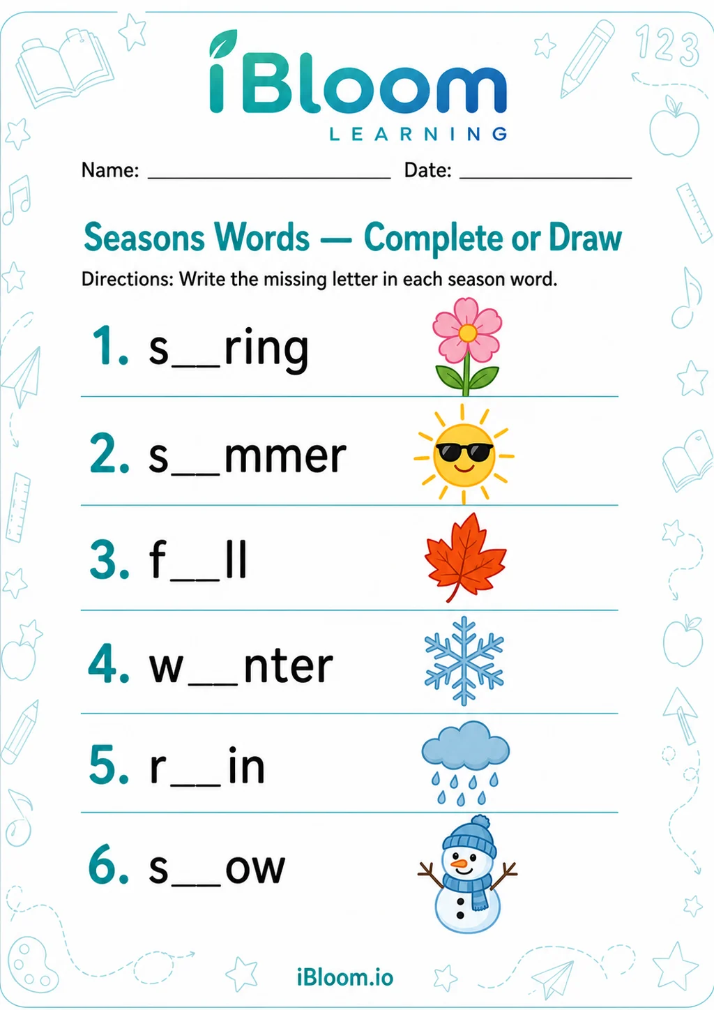Preview page 1 of Seasons Words — Complete or Draw