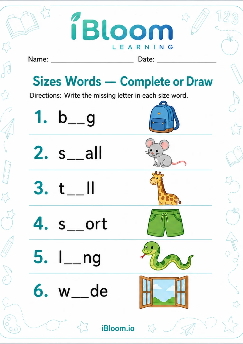 Preview of Sizes Words — Complete or Draw worksheet