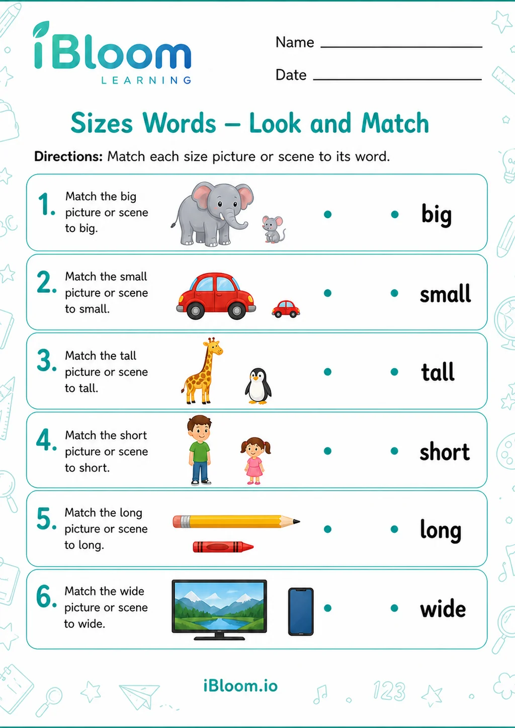 Preview page 1 of Sizes Words — Look and Match