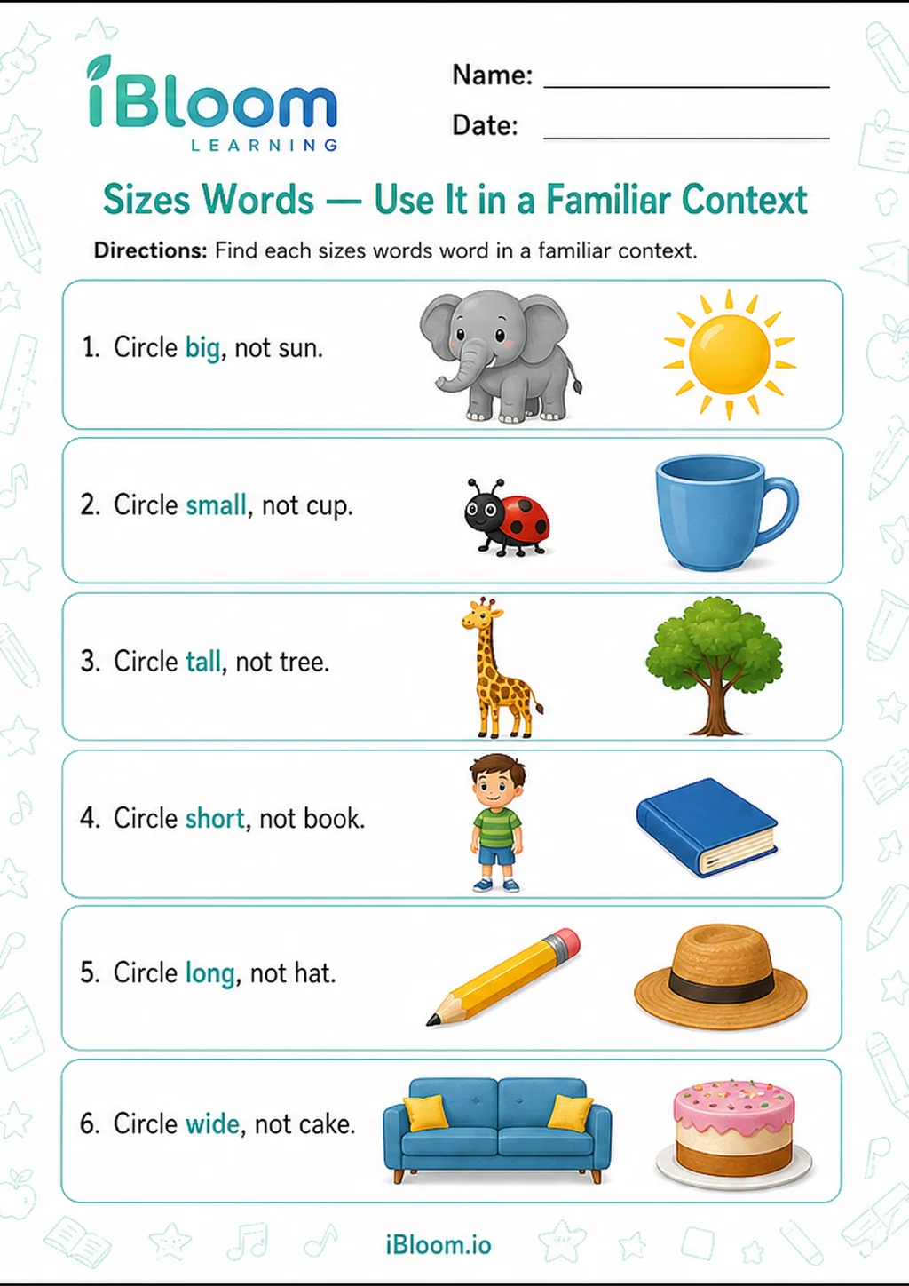 Preview of Sizes Words — Use It in a Familiar Context worksheet