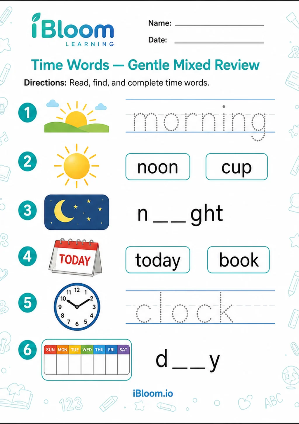 Preview page 1 of Time Words — Gentle Mixed Review