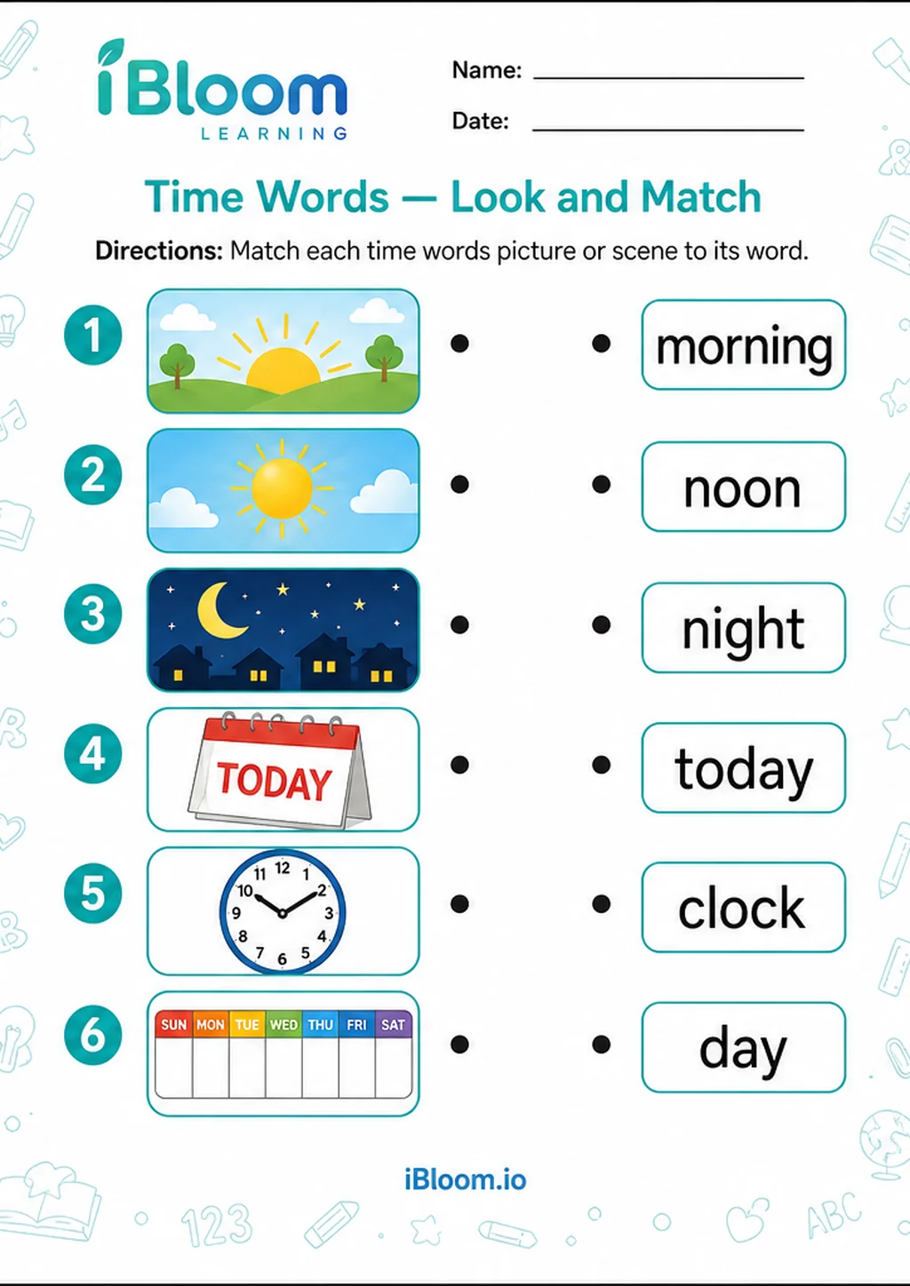 Preview page 1 of Time Words — Look and Match