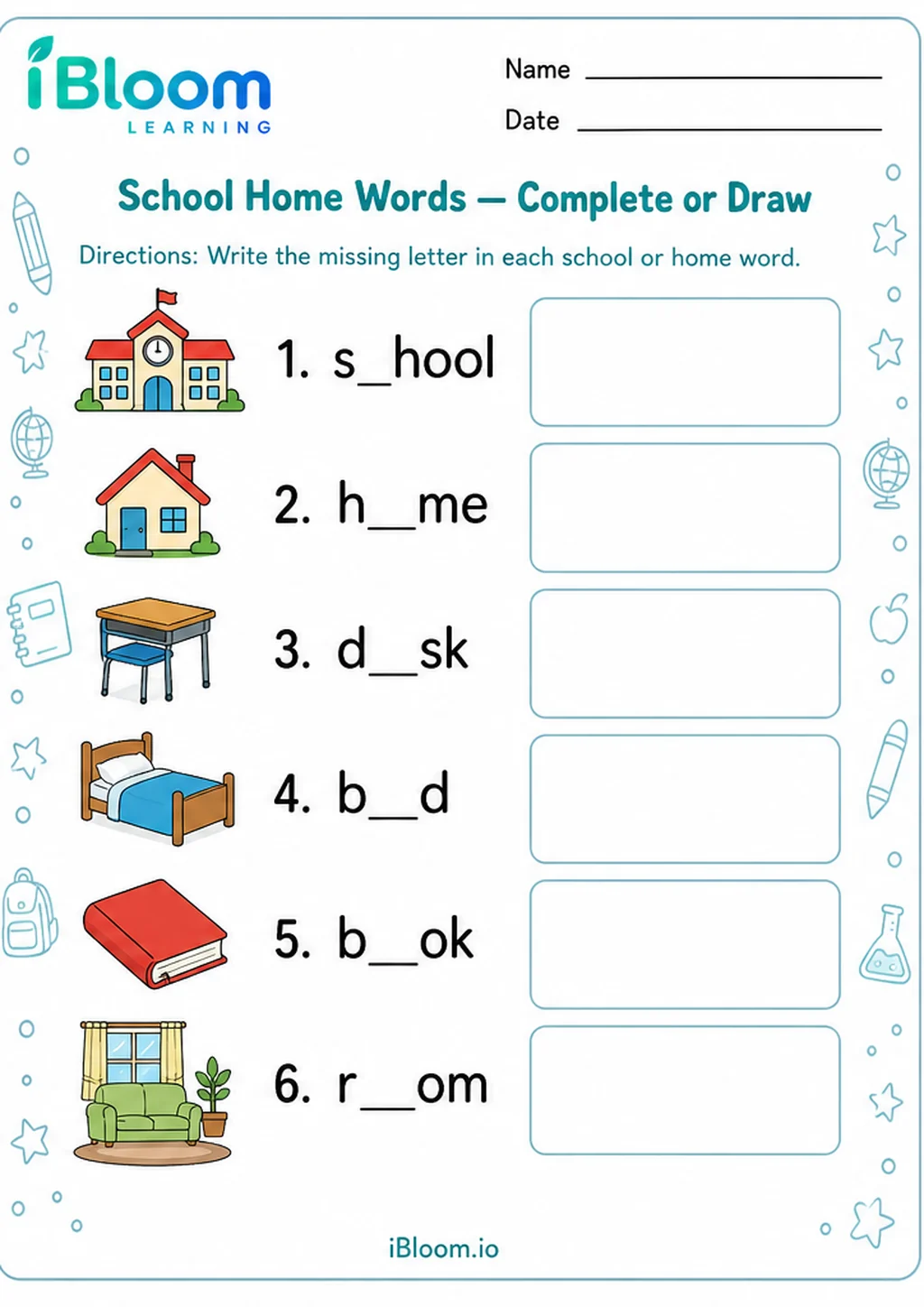 Preview page 1 of School Home Words — Complete or Draw