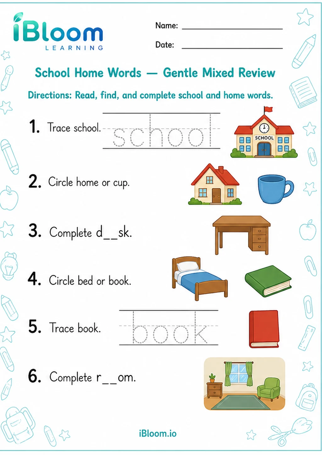 Preview page 1 of School Home Words — Gentle Mixed Review