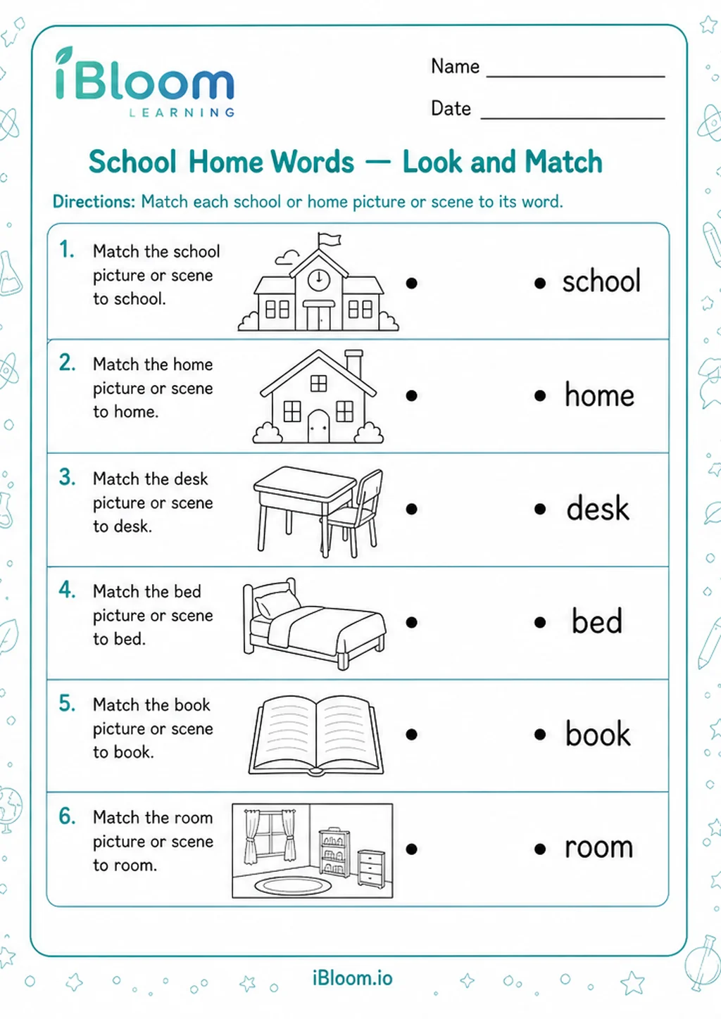 Preview page 1 of School Home Words — Look and Match