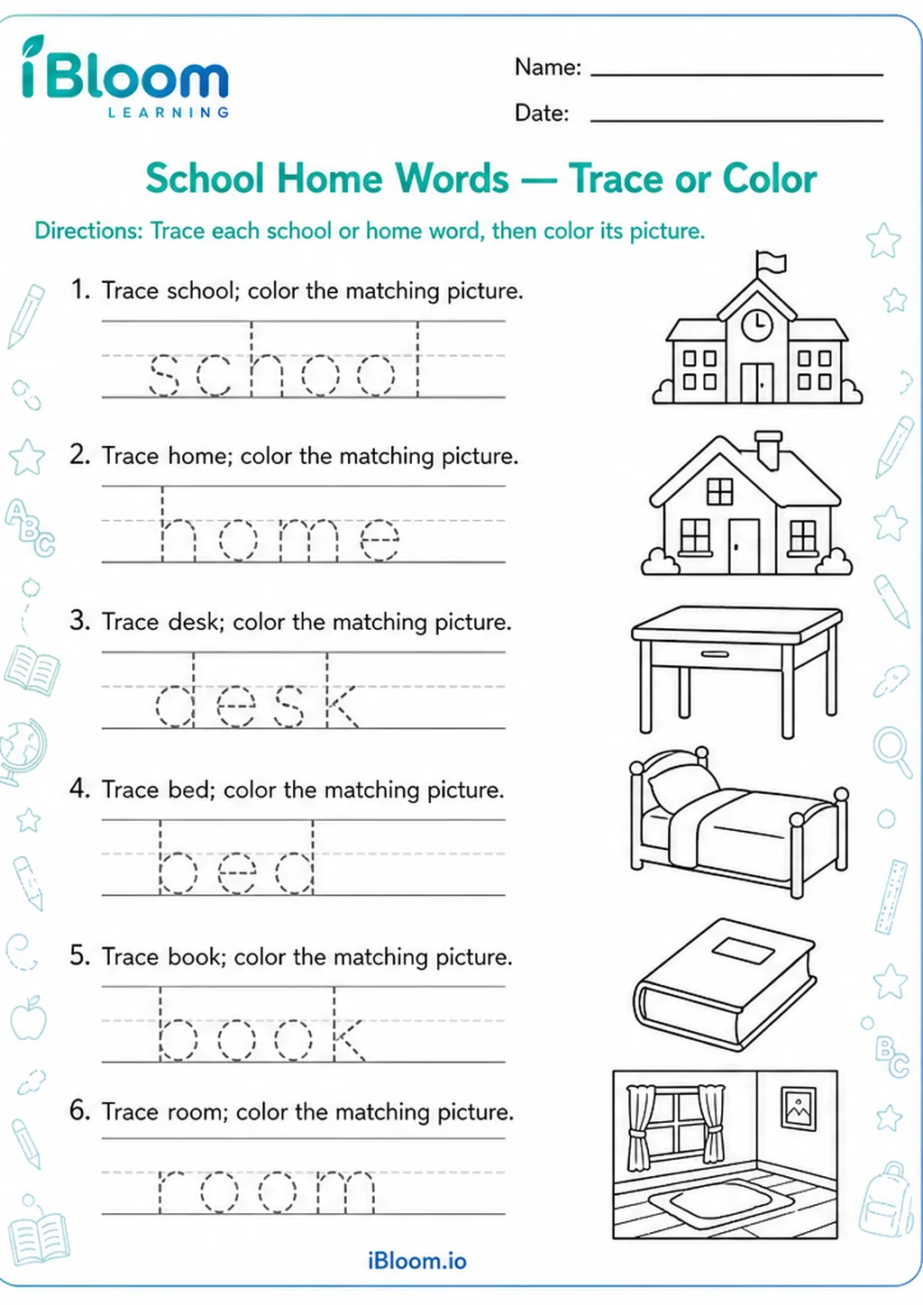 Preview page 1 of School Home Words — Trace or Color