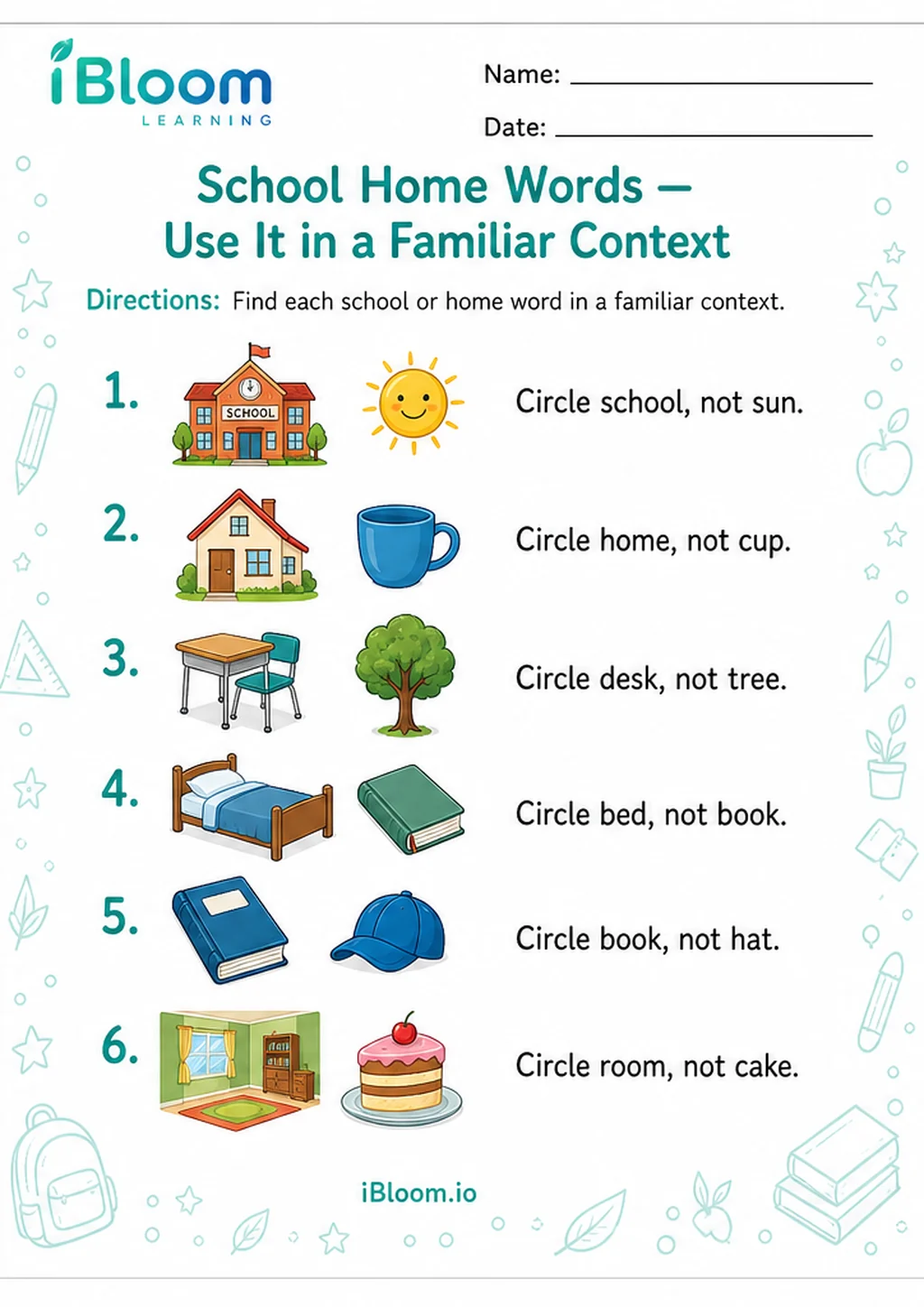 Preview page 1 of School Home Words — Use It in a Familiar Context