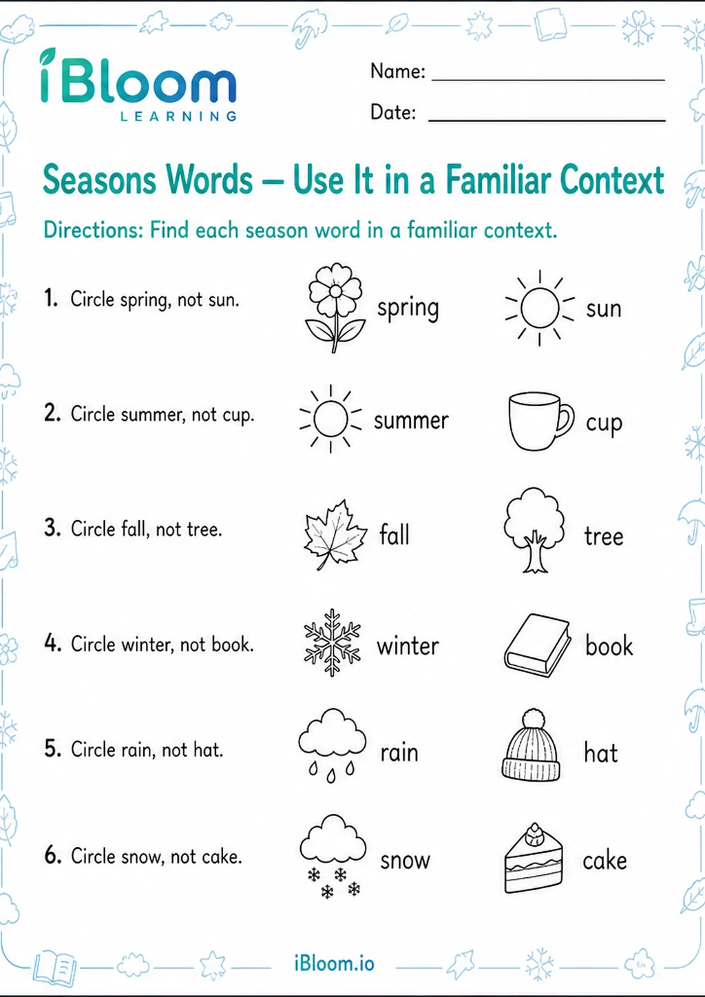 Preview of Seasons Words — Use It in a Familiar Context worksheet